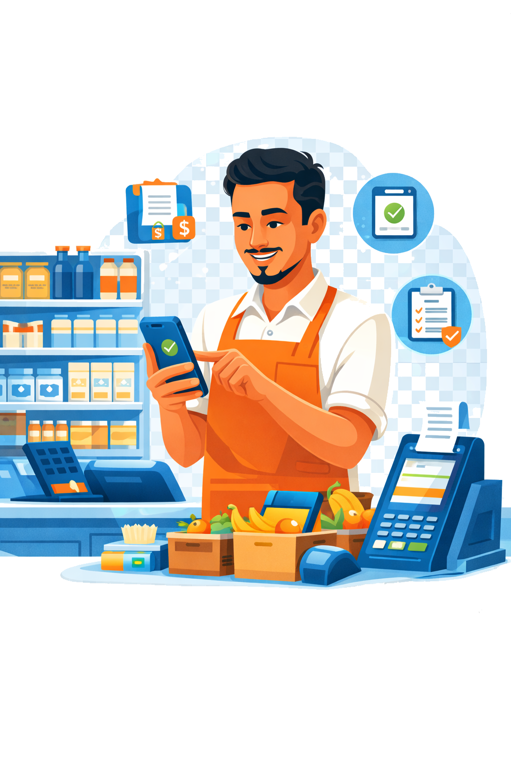 Ilustracion de un comerciante usando MI TARANTIN dentro de su negocio