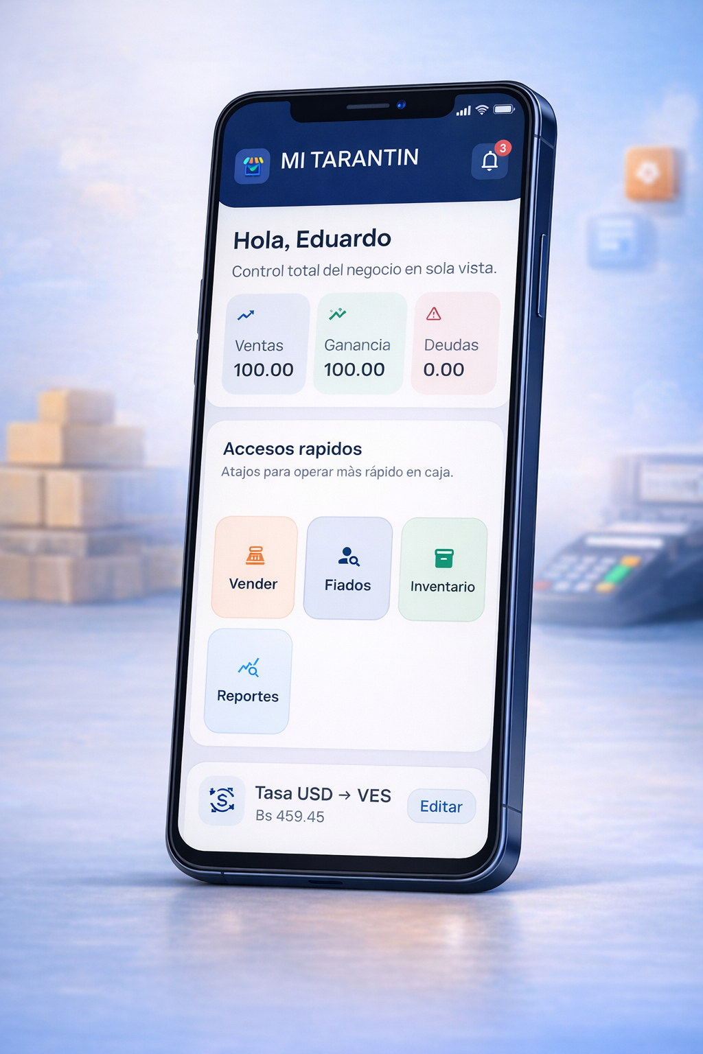 Pantalla principal de MI TARANTIN en Android con accesos rapidos a ventas, fiados, inventario y reportes